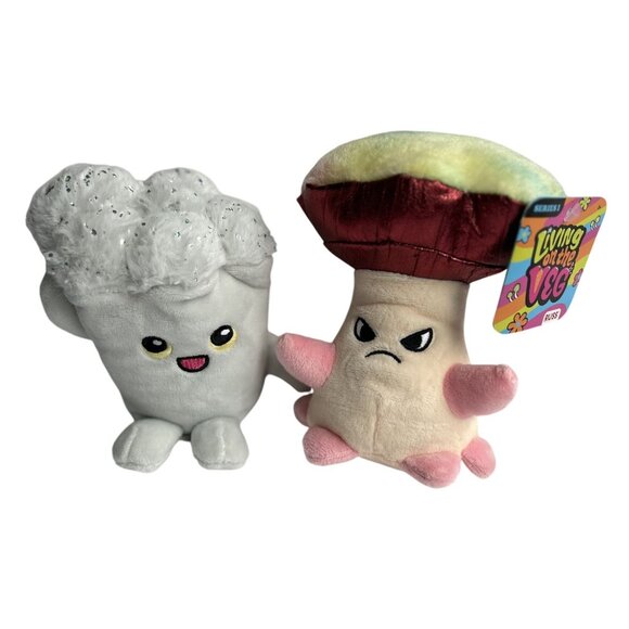 Living On The Veg Plush Set Of 2 - White Stevie and Grumpy Mushroom NWT - Picture 1 of 4